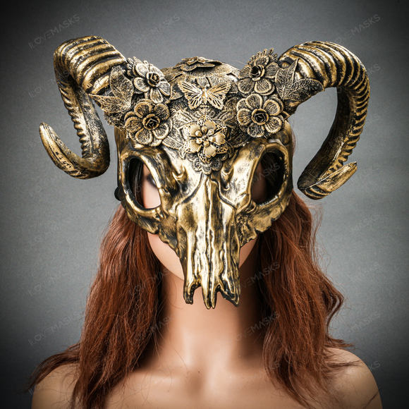 Antelope Devil Ram Horn Skull Ghost Masquerade Mask - Black Gold - Picture 2 of 9